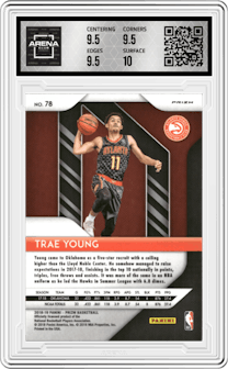 Trae Young from the 2018-19 Panini Prizm set featuring a Silver Prizm parallel graded by Arena Club and given an overall grade of 10.
