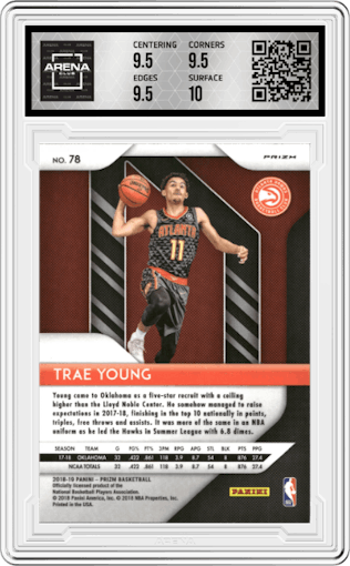 Trae Young from the 2018-19 Panini Prizm set featuring a Silver Prizm parallel graded by Arena Club and given an overall grade of 10.