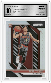 Trae Young from the 2018-19 Panini Prizm set featuring a Silver Prizm parallel graded by Arena Club and given an overall grade of 10.