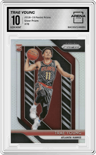 Trae Young from the 2018-19 Panini Prizm set featuring a Silver Prizm parallel graded by Arena Club and given an overall grade of 10.