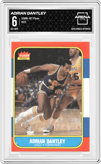 Adrian Dantley from the 1986-87 Fleer set graded by Arena Club and given an overall grade of 6.