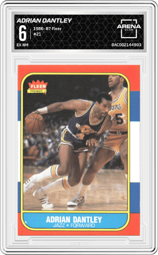 Adrian Dantley from the 1986-87 Fleer set graded by Arena Club and given an overall grade of 6.