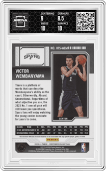 Victor Wembanyama from the 2023-24 Panini Contenders set graded by Arena Club and given an overall grade of 9.
