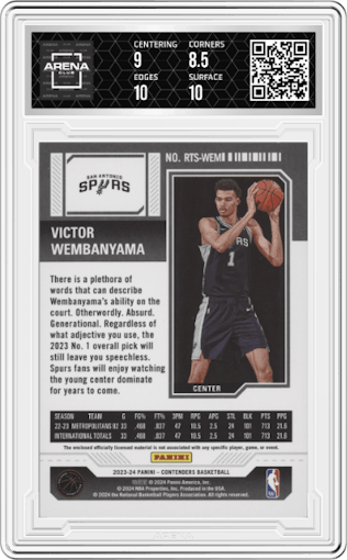 Victor Wembanyama from the 2023-24 Panini Contenders set graded by Arena Club and given an overall grade of 9.