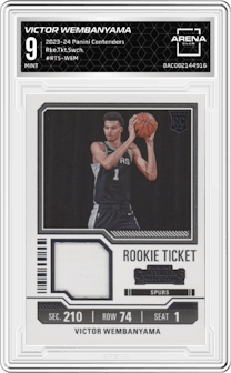 Victor Wembanyama from the 2023-24 Panini Contenders set graded by Arena Club and given an overall grade of 9.