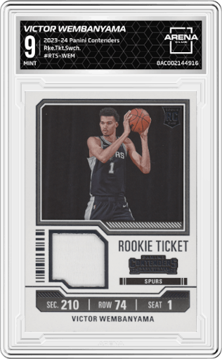 Victor Wembanyama from the 2023-24 Panini Contenders set graded by Arena Club and given an overall grade of 9.