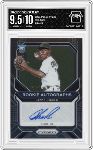 Jazz Chisholm from the 2021 Panini Prizm set graded by Arena Club and given an overall grade of 9.5.
