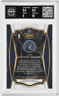 Anthony Edwards from the 2020-21 Panini Select  set featuring a Blue Retail parallel graded by Arena Club and given an overall grade of 9.5.