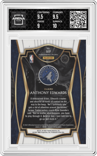Anthony Edwards from the 2020-21 Panini Select  set featuring a Blue Retail parallel graded by Arena Club and given an overall grade of 9.5.