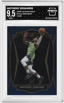 Anthony Edwards from the 2020-21 Panini Select  set featuring a Blue Retail parallel graded by Arena Club and given an overall grade of 9.5.