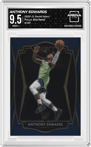 Anthony Edwards from the 2020-21 Panini Select  set featuring a Blue Retail parallel graded by Arena Club and given an overall grade of 9.5.