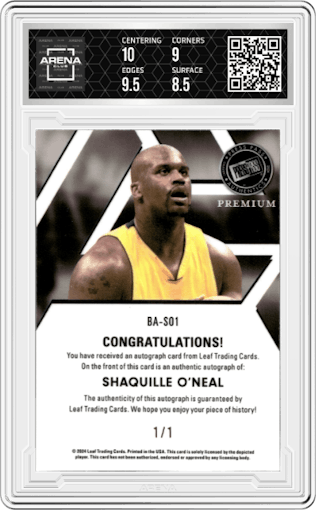 Shaquille O'Neal from the 2024 Press Pass Premium set featuring a Super Prismatic Gold parallel graded by Arena Club and given an overall grade of 9.