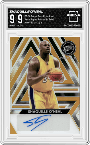 Shaquille O'Neal from the 2024 Press Pass Premium set featuring a Super Prismatic Gold parallel graded by Arena Club and given an overall grade of 9.