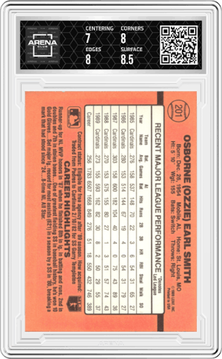 Ozzie Smith from the 1990 Donruss set graded by Arena Club and given an overall grade of 7.5.