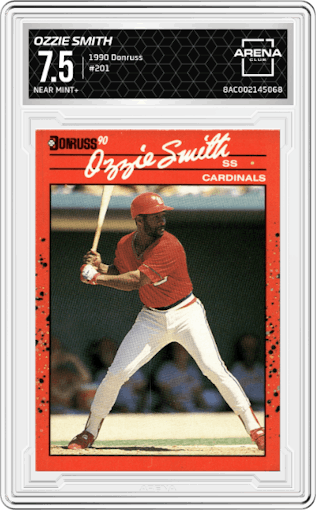 Ozzie Smith from the 1990 Donruss set graded by Arena Club and given an overall grade of 7.5.
