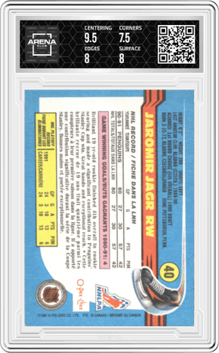 Jaromir Jagr from the 1991-92 O-Pee-Chee set graded by Arena Club and given an overall grade of 8.