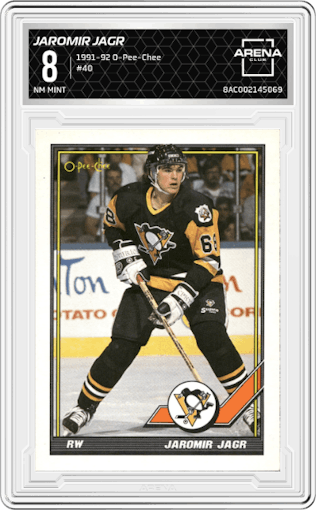 Jaromir Jagr from the 1991-92 O-Pee-Chee set graded by Arena Club and given an overall grade of 8.