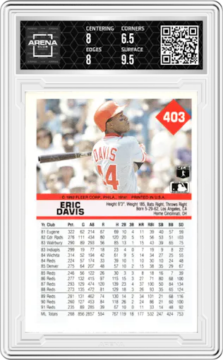 Eric Davis from the 1992 Fleer set featuring a Variation parallel graded by Arena Club and given an overall grade of 7.