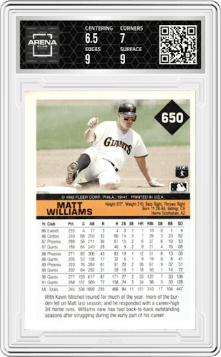 Matt Williams from the 1992 Fleer set graded by Arena Club and given an overall grade of 7.