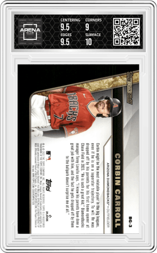 Corbin Carroll from the 2023 Topps Update set graded by Arena Club and given an overall grade of 9.5.