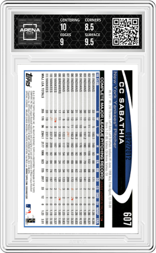 CC Sabathia from the 2012 Topps Series 2 set featuring a Gold parallel graded by Arena Club and given an overall grade of 9.