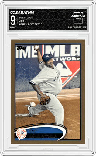 CC Sabathia from the 2012 Topps Series 2 set featuring a Gold parallel graded by Arena Club and given an overall grade of 9.