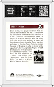 Brent Spiner from the 1991 Impel Star Trek 25th Anniversary set graded by Arena Club and given an overall grade of 8.5.