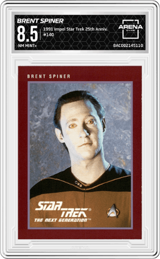 Brent Spiner from the 1991 Impel Star Trek 25th Anniversary set graded by Arena Club and given an overall grade of 8.5.
