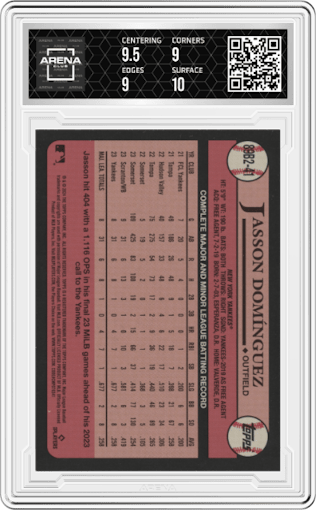 Jasson Dominguez from the 2024 Topps  set graded by Arena Club and given an overall grade of 9.5.