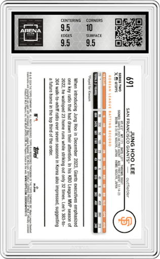 Jung Hoo Lee from the 2024 Topps  set featuring a Rainbow Foil parallel graded by Arena Club and given an overall grade of 10.