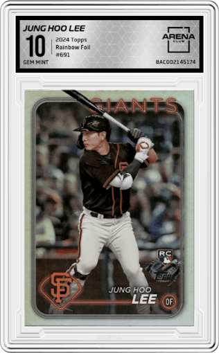 Jung Hoo Lee from the 2024 Topps  set featuring a Rainbow Foil parallel graded by Arena Club and given an overall grade of 10.