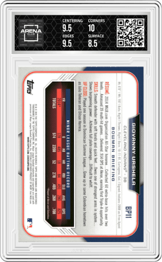Giovanny Urshela from the 2015 Bowman set featuring a Silver Ice parallel graded by Arena Club and given an overall grade of 9.