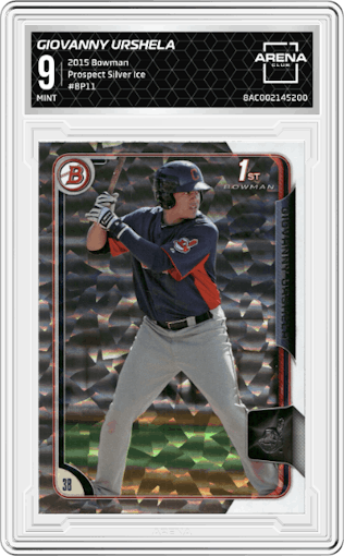 Giovanny Urshela from the 2015 Bowman set featuring a Silver Ice parallel graded by Arena Club and given an overall grade of 9.