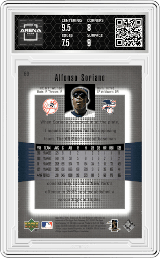 Alfonso Soriano from the 2003 Upper Deck Finite set graded by Arena Club and given an overall grade of 8.