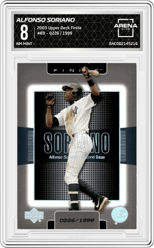 Alfonso Soriano from the 2003 Upper Deck Finite set graded by Arena Club and given an overall grade of 8.