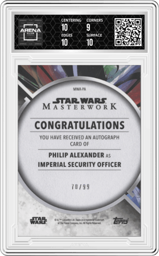 Philip Alexander from the 2022 Topps Star Wars Masterwork set featuring a Blue Foil parallel graded by Arena Club and given an overall grade of 9.5.