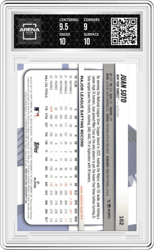 Juan Soto from the 2024 Topps Big League set featuring a Electric Orange Foil parallel graded by Arena Club and given an overall grade of 9.5.