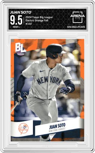 Juan Soto from the 2024 Topps Big League set featuring a Electric Orange Foil parallel graded by Arena Club and given an overall grade of 9.5.