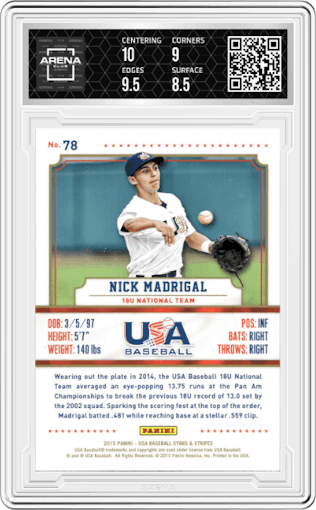 Nick Madrigal from the 2015 Panini USA Stars and Stripes set featuring a Longevity parallel graded by Arena Club and given an overall grade of 9.