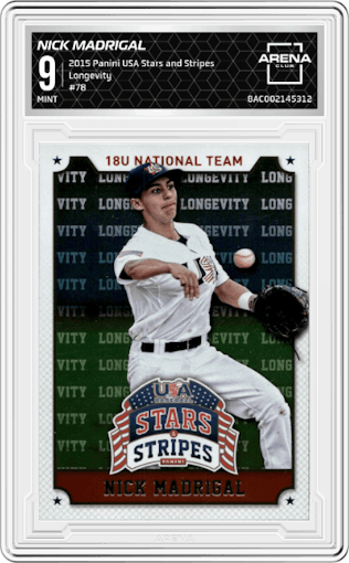 Nick Madrigal from the 2015 Panini USA Stars and Stripes set featuring a Longevity parallel graded by Arena Club and given an overall grade of 9.