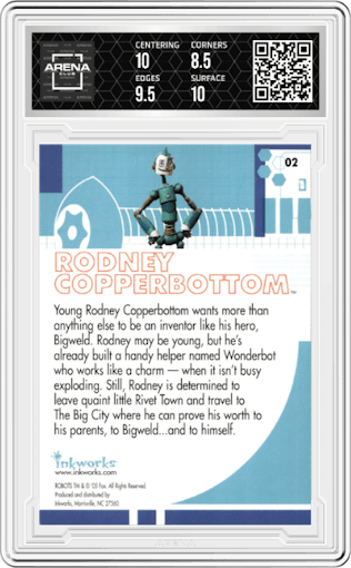 Rodney Copperbottom from the 2005 Inkworks Robots the Movie set graded by Arena Club and given an overall grade of 9.