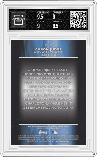 Aaron Judge from the 2014 Bowman Draft  set graded by Arena Club and given an overall grade of 9.