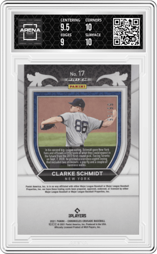 Clarke Schmidt from the 2021 Panini Chronicles set featuring a Purple Mojo parallel graded by Arena Club and given an overall grade of 9.5.