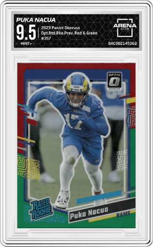 Puka Nacua from the 2023 Panini Donruss set featuring a Red & Green parallel graded by Arena Club and given an overall grade of 9.5.