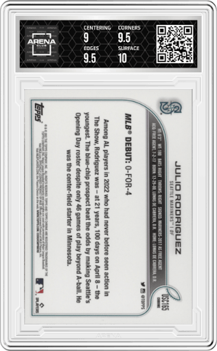 Julio Rodriguez from the 2022 Topps Chrome Update set featuring a Purple Refractor parallel graded by Arena Club and given an overall grade of 9.5.