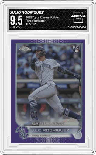 Julio Rodriguez from the 2022 Topps Chrome Update set featuring a Purple Refractor parallel graded by Arena Club and given an overall grade of 9.5.