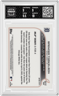 Spencer Torkelson from the 2022 Topps Chrome Update set featuring a Purple Refractor parallel graded by Arena Club and given an overall grade of 9.5.
