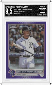 Spencer Torkelson from the 2022 Topps Chrome Update set featuring a Purple Refractor parallel graded by Arena Club and given an overall grade of 9.5.