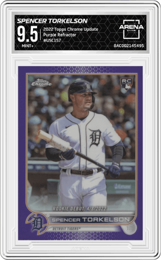 Spencer Torkelson from the 2022 Topps Chrome Update set featuring a Purple Refractor parallel graded by Arena Club and given an overall grade of 9.5.