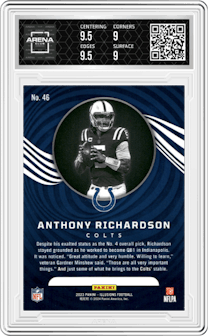 Anthony Richardson from the 2023 Panini Illusions set featuring a Trophy Collection Orange  parallel graded by Arena Club and given an overall grade of 9.5.